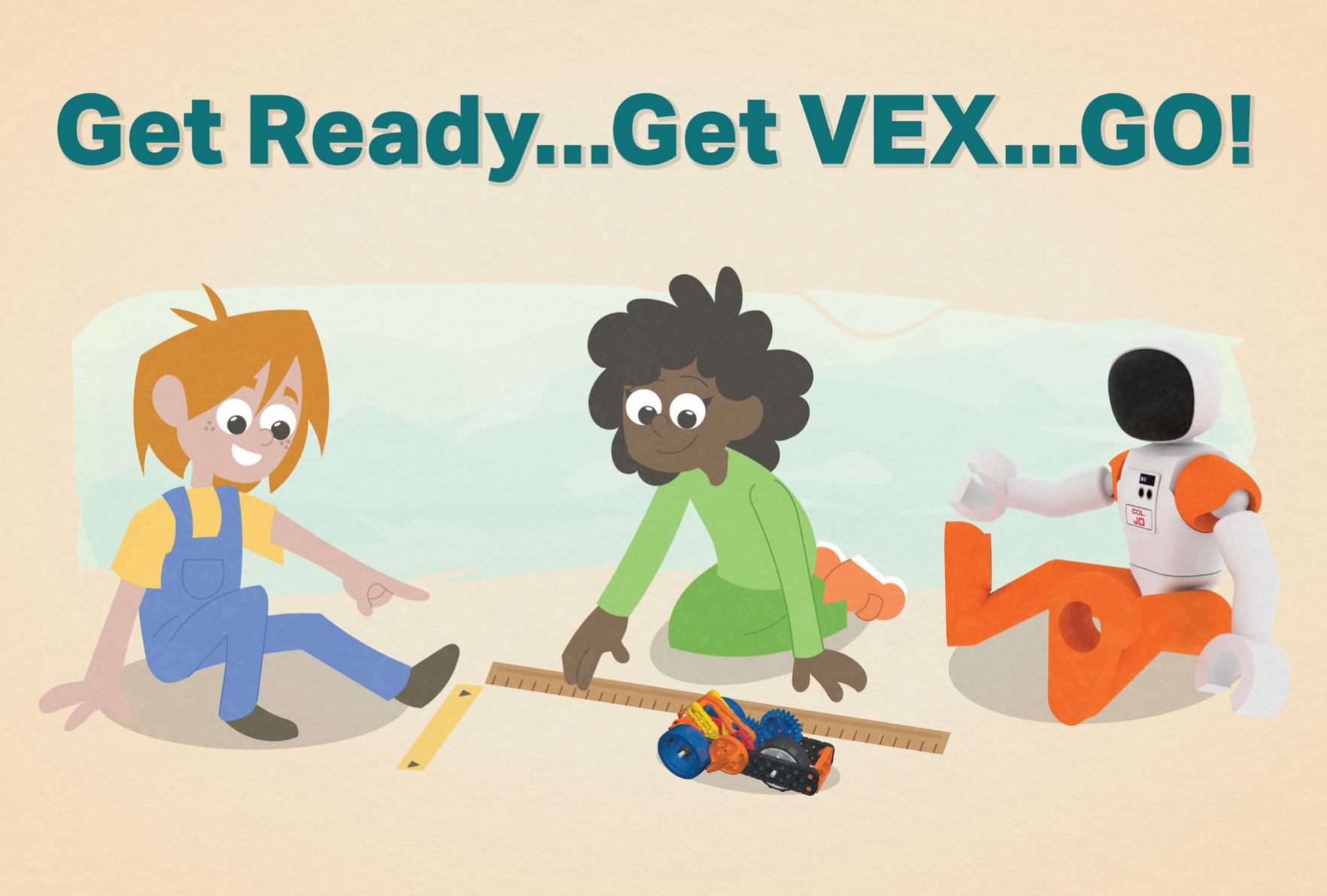 The first page in the Get Ready, Get VEX, GO PDF book featuring an illustration of students engaging with a VEX GO Super Car build alongside Jo the astronaut.