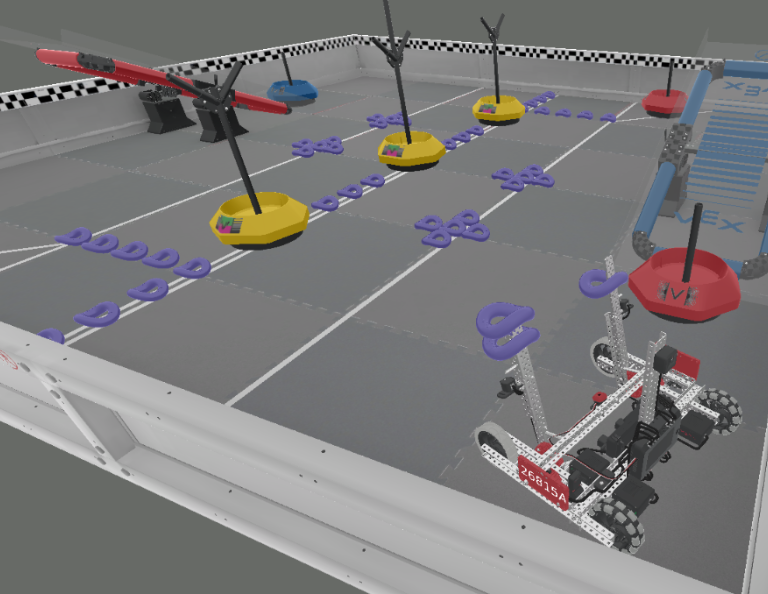 Screenshot of VEXcode VR interface showcasing the programming environment for the VRC Tipping Point (2021-2022) challenge, featuring block-based coding elements and a virtual robot for educational coding activities.