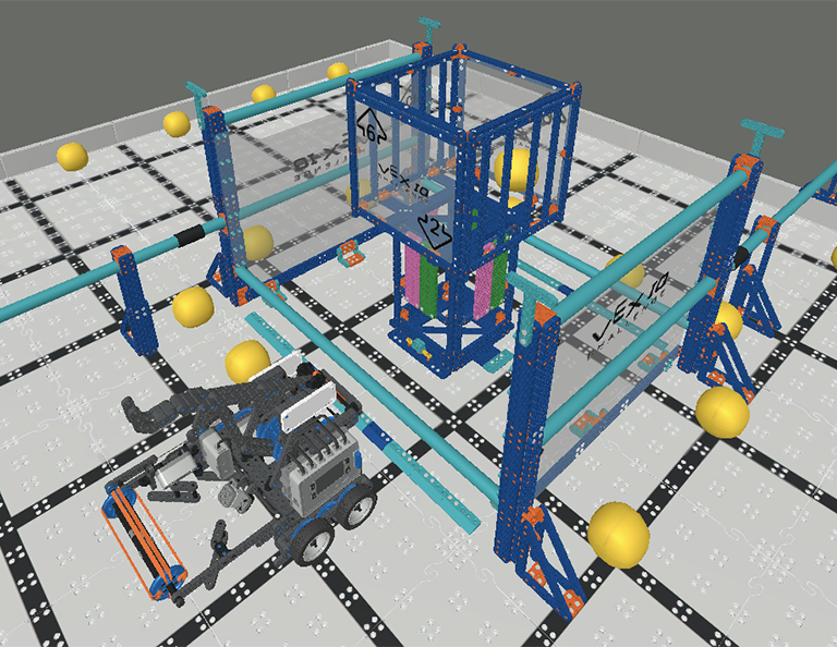 Screenshot of VEXcode VR interface showcasing the programming environment for the VIQC Pitching In (2021-2022) challenge, featuring block-based coding elements and a virtual robot for educational coding activities.