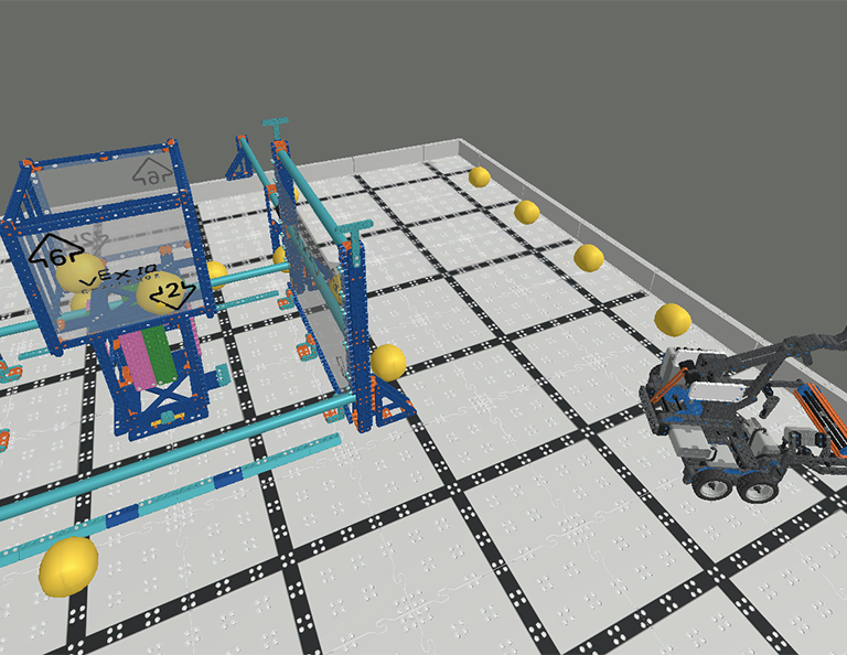Screenshot of the VEXcode VR interface showcasing the programming environment used for VIQC Pitching In (2021-2022), featuring block-based and text-based coding options for learning coding concepts with a virtual robot.