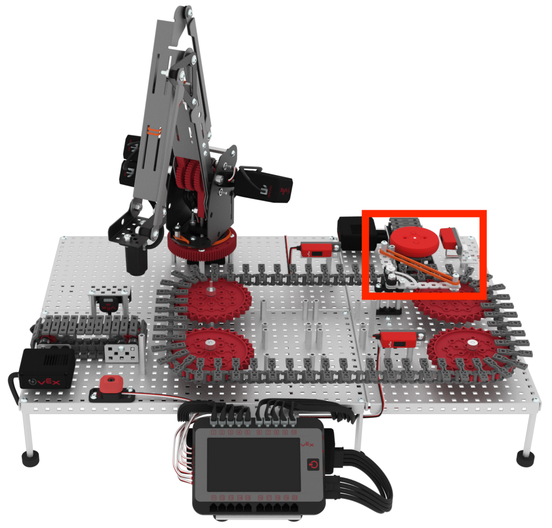 Diagram of the V5 Workcell setup for Lab 10, illustrating the arrangement of components and connections for Career and Technical Education purposes.