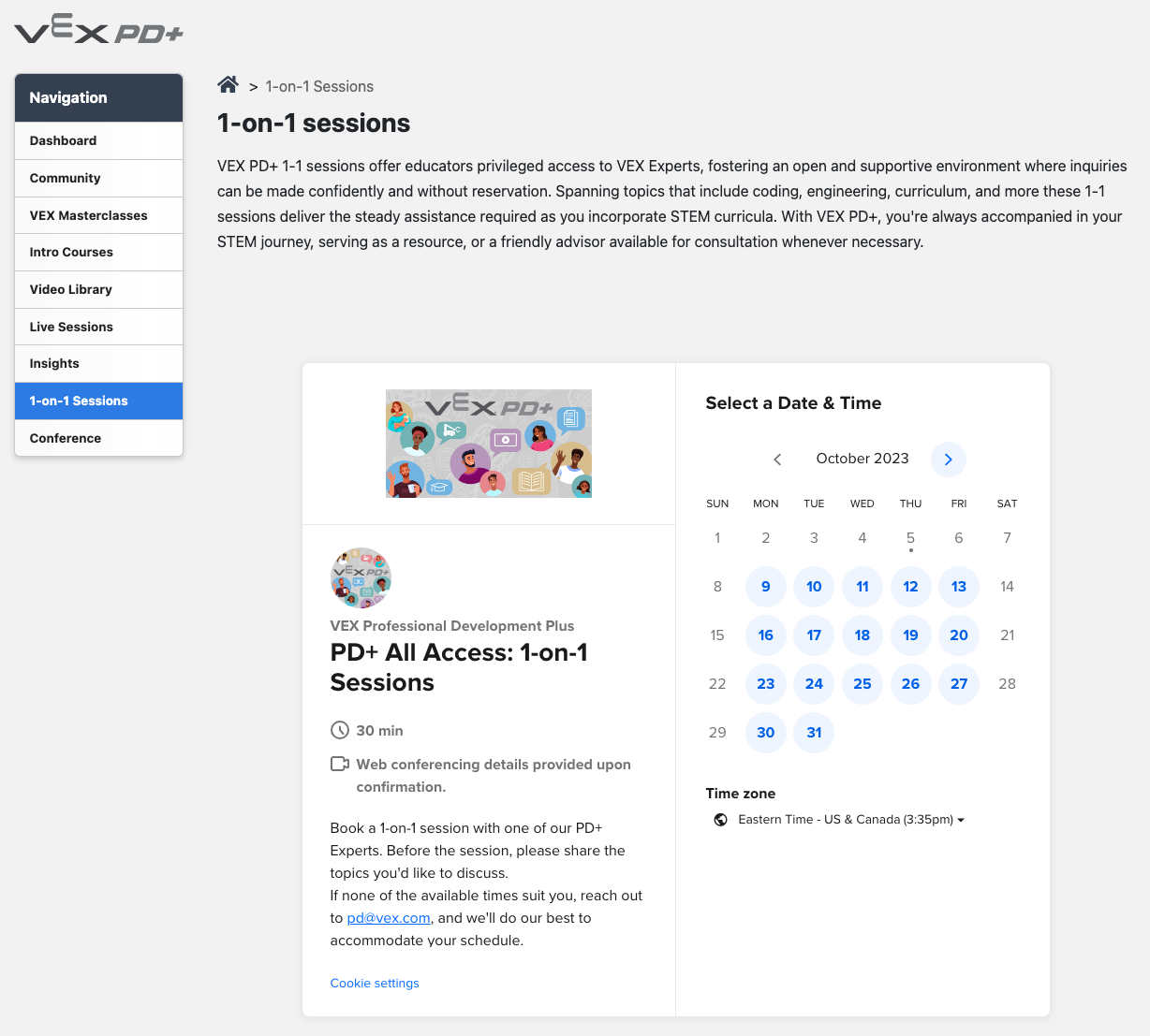 Screenshot of the VEX PD+ All Access 1-1 sessions page with a calendar to schedule a session.