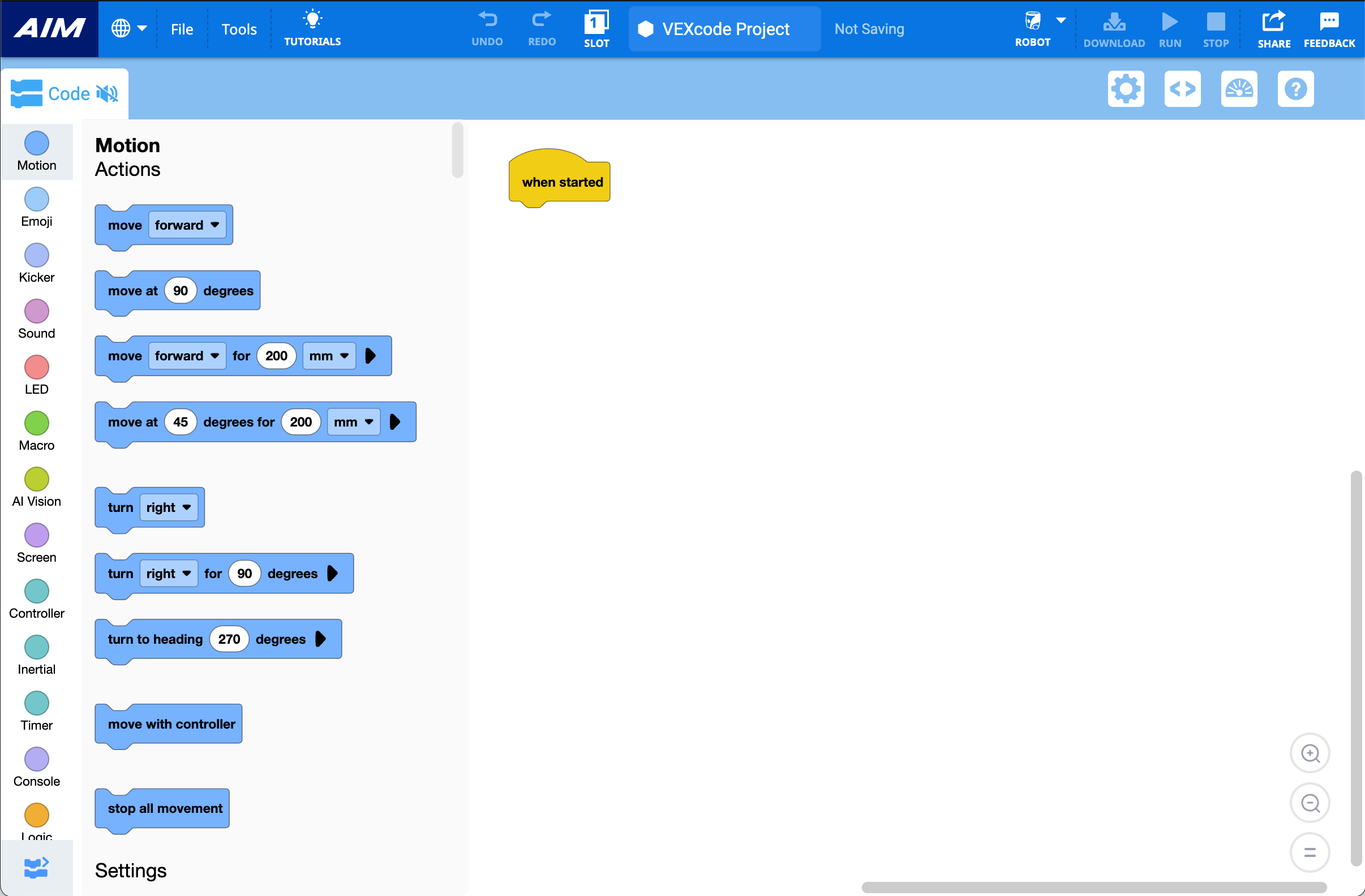 A block-based programming interface with VEXcode AIM.