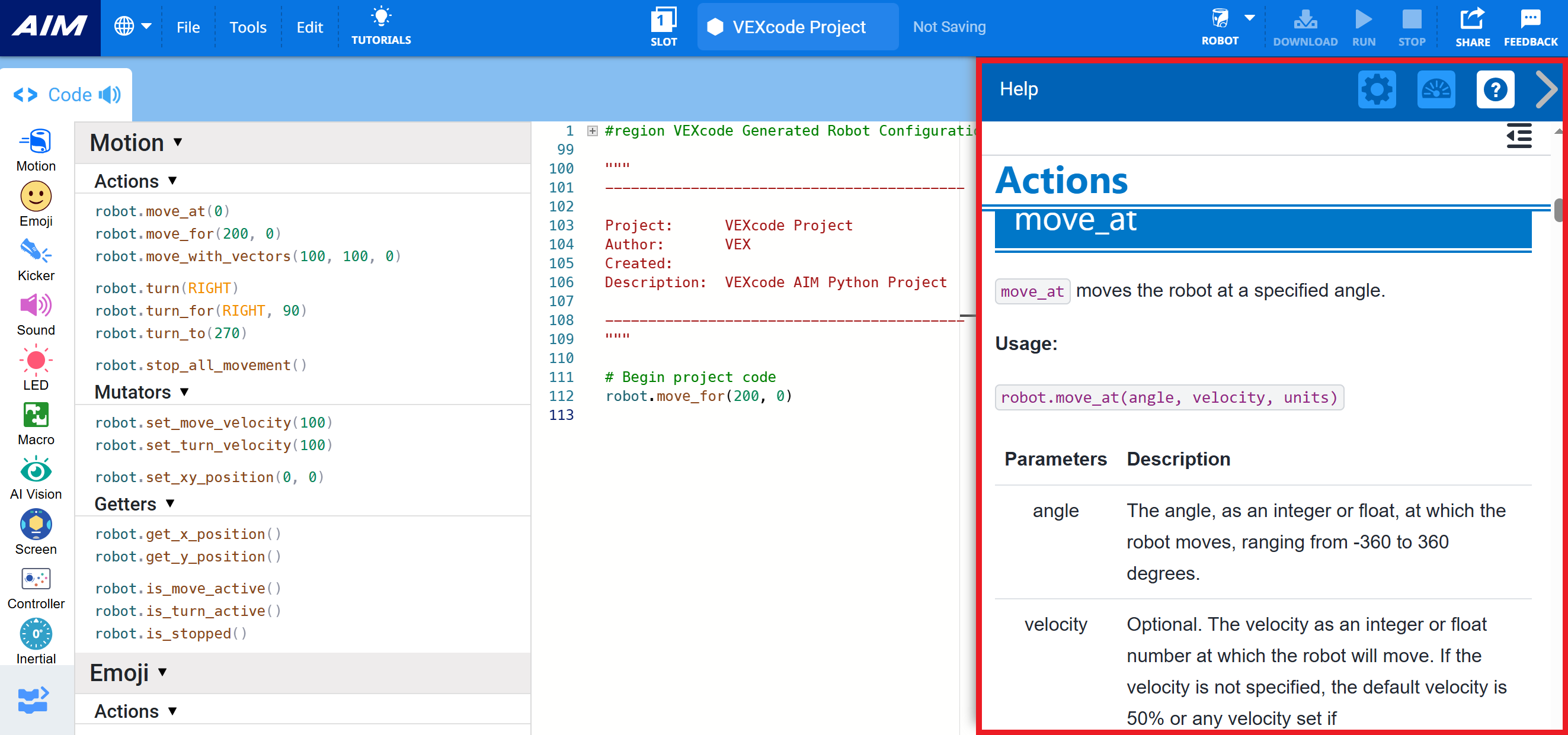 The VEXcode Python workspace with the Help panel open on the right side. The panel shows documentation for the move_at command, including a description, usage example, and parameters.