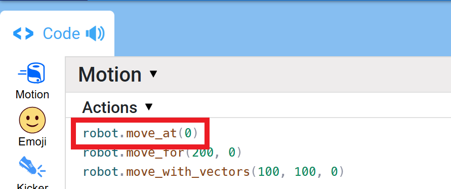 The Python version of the Motion drawer in VEXcode with the robot.move_at(0) command highlighted in red.