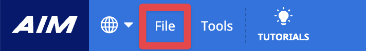File menu in the upper right corner of VEXcode AIM highlighted with a red callout box.