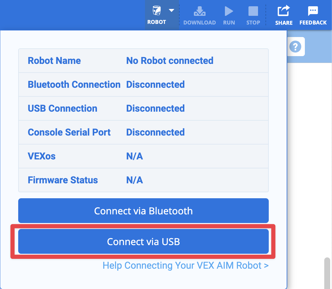 VEXcode robot icon is selected with the connection information shown. The button that reads Connect via USB is highlighted, indicating that is what to select to begin the update process.