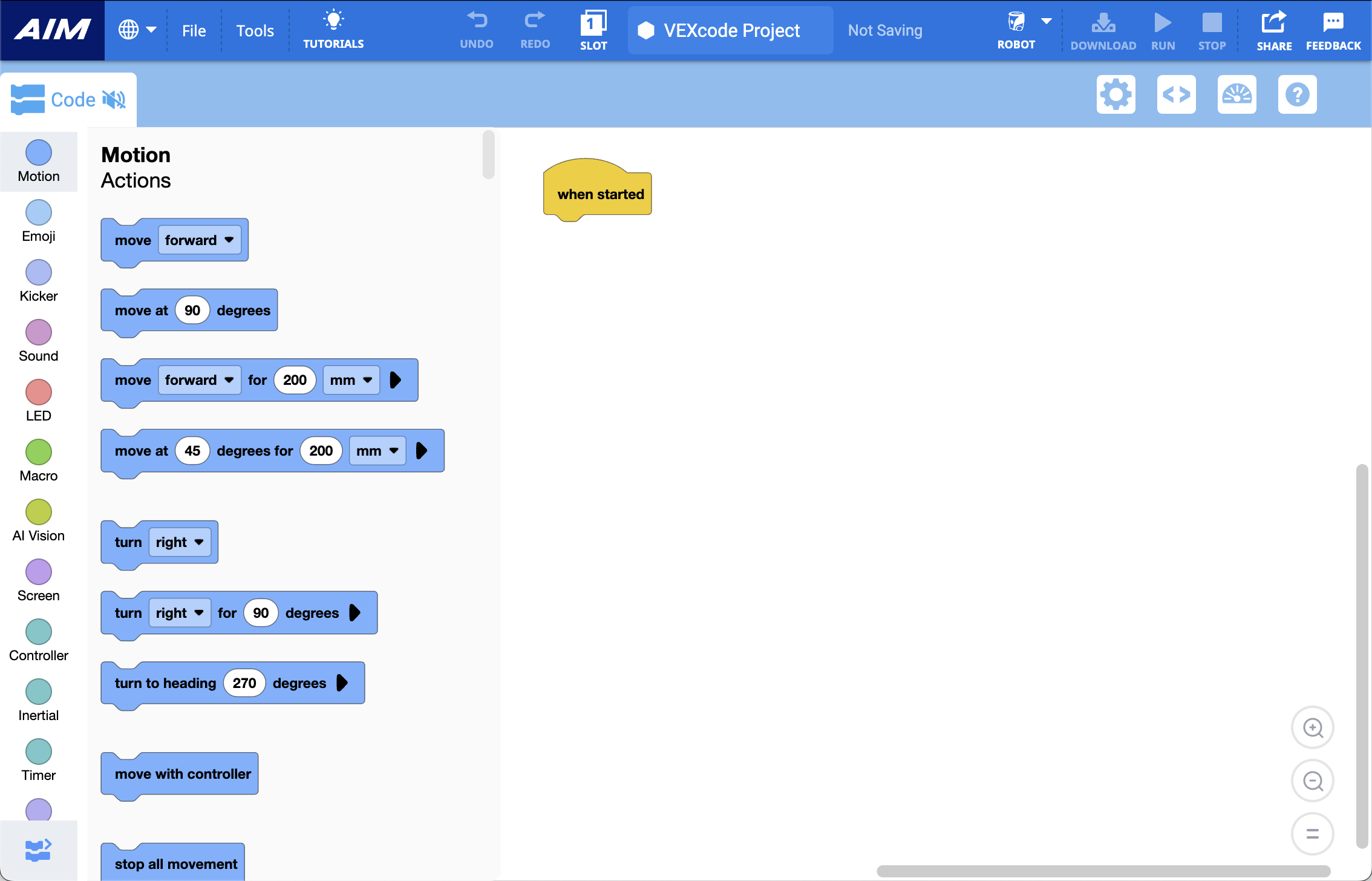 VEXcode AIM with a blank project in the workspace.