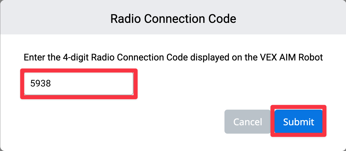 The same Radio Connection Code prompt, this time with number signs in the dialog box, indicating where to enter the number. The submit button in the lower right corner is highlighted indicating what to select.