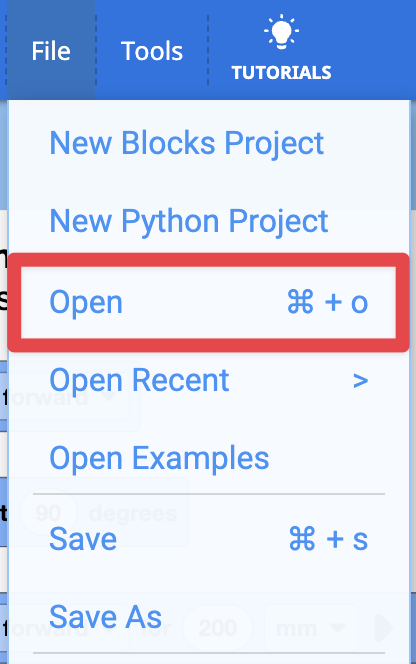 The File menu in VEXcode AIM open with the Open option highlighted in a red box, below New Python Project.
