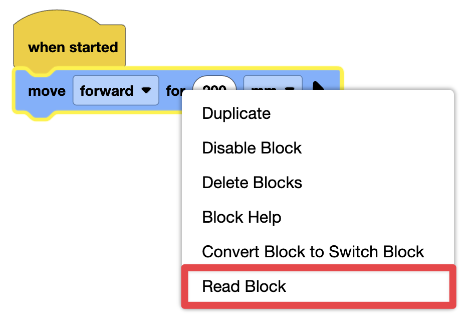 A When started block with a Move for block attached. The Context menu of the Move for block is open, with the Read block option highlighted in a red box.