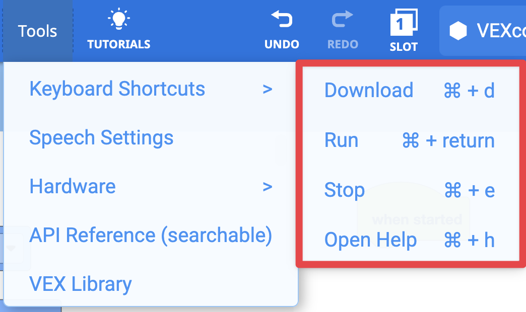 The Tools menu in the upper right hand corner of the VEXcode AIM Toolbar with the Keyboard Shortcuts selected and the available shortcuts shown.