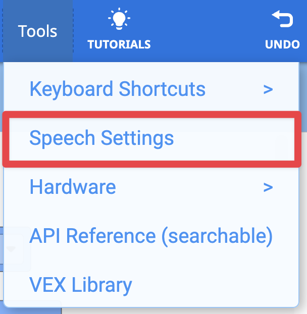 The Tools menu in the upper right hand corner of the VEXcode AIM Toolbar with the Speech Settings option highlighted in a red box.