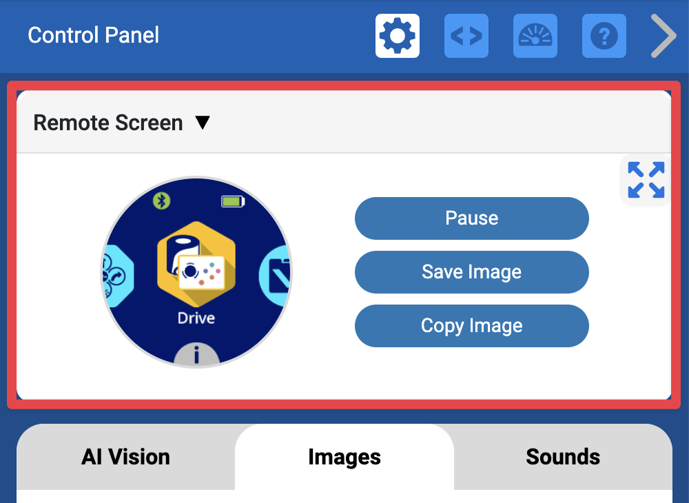 The top of the Control Panel in VEXcode AIM, with the Remote Screen section highlighted, showing an image of the screen of the connected robot and three buttons that read Pause, Save Image, and Copy Image.