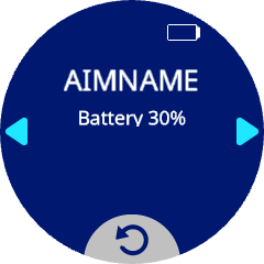 Pantalla AIM con información sobre la lectura del robot: Batería al 100 por ciento, Nombre AIM en el lugar del nombre del robot e Información. Las flechas apuntan hacia la izquierda y la derecha para indicar cómo moverse a otras páginas en la sección Acerca de.