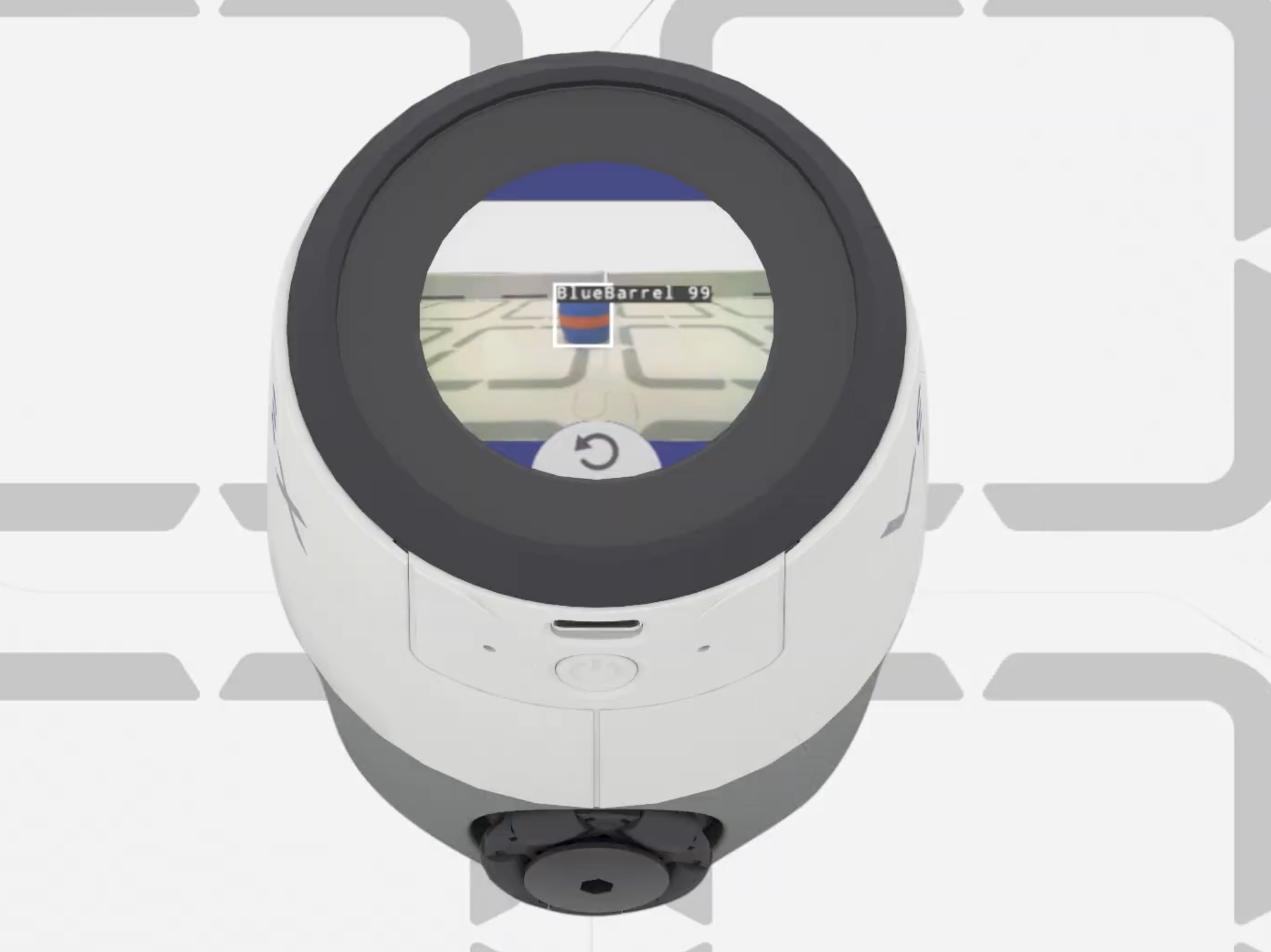 ロボットがフィールドに座り、画面上の AI ビジョン センサー ビューにロボットの前に青い樽が表示されています。