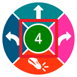 La stessa interfaccia circolare, che ora mostra un cerchio verde con il numero 4 al centro. Il cerchio verde sostituisce il logo VEX ed è delineato in rosso.