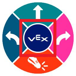 Una interfaz circular se divide en cinco segmentos de color: verde azulado en la parte superior con una flecha hacia arriba, rosa a la derecha con una flecha curva, rojo-naranja en la parte inferior con un icono que patea el zapato, azul marino a la izquierda con una flecha curva y turquesa en el centro con el logotipo de VEX. El botón VEX central está delineado en rojo.