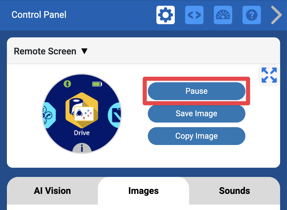 La misma imagen de la sección Pantalla Remota en la parte superior del Panel de Control, con el botón Pausa a la derecha de la imagen de la pantalla resaltada.