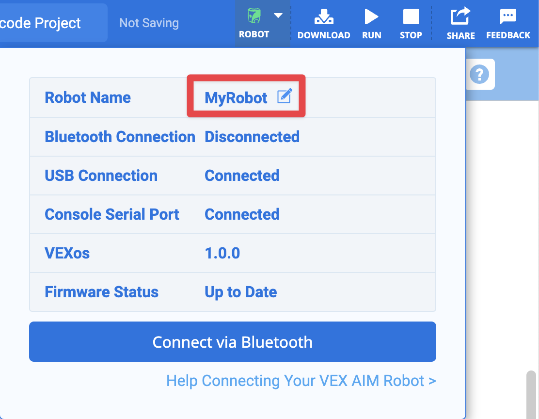A robot neve frissül a robot képernyőjén. A robot neve piros mezőben van kiemelve.