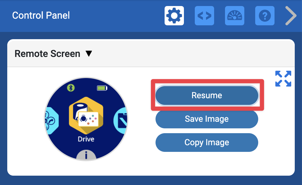 Dezelfde afbeelding als hierboven, waarbij de knop Hervatten in plaats van de knop Pauzeren is gemarkeerd.
