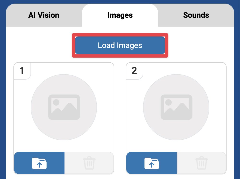 A secção Imagem do Painel de Controlo com o botão Carregar Imagens na parte superior destacado.