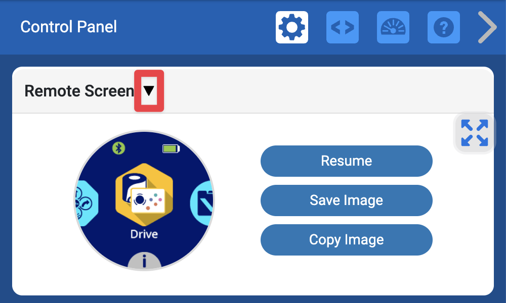 La stessa immagine della parte superiore del Pannello di controllo con la freccia rivolta verso il basso a destra dell'intestazione Schermo remoto evidenziata.