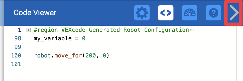 VEXcode ツールバーの右上隅に、赤いボックスで強調表示された右向きの矢印があり、コード ビューアーを閉じるために選択するものを示しています。