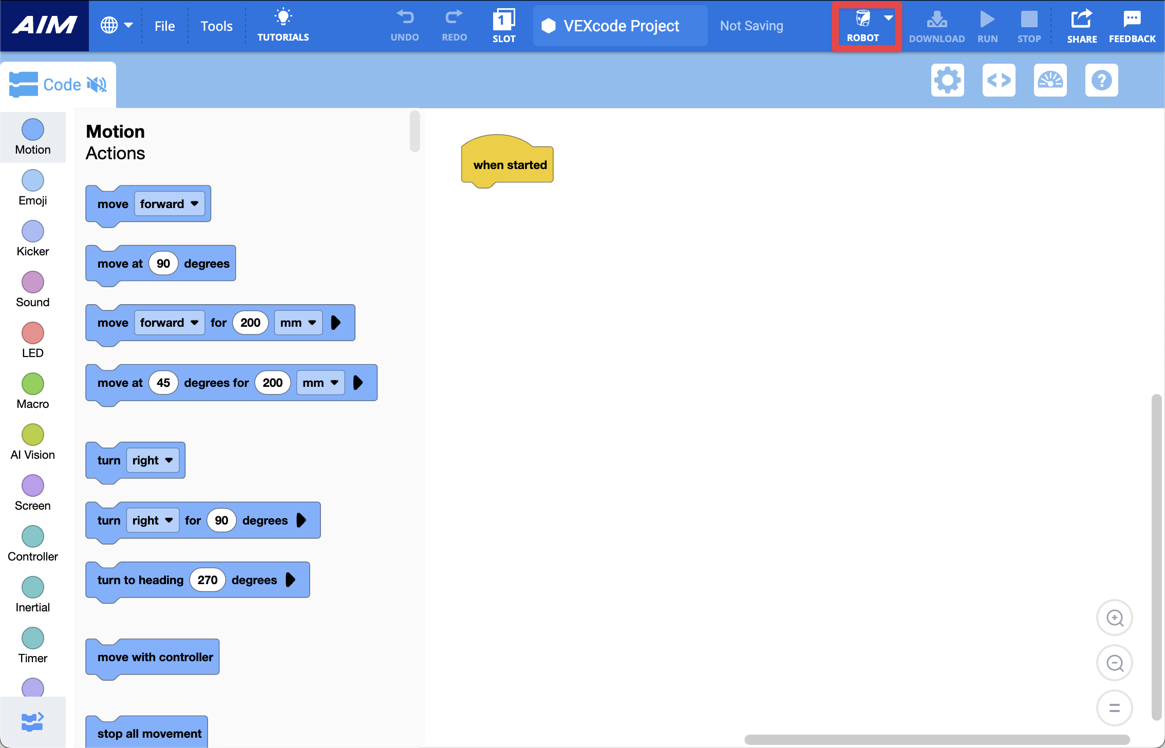 VEXcode AIM avec l'icône Robot en haut à droite de la barre d'outils mise en évidence, indiquant ce qu'il faut sélectionner.