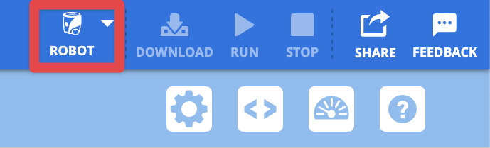 Die obere rechte Seite der VEXcode AIM Toolbar wird angezeigt, wobei das Robotersymbol hervorgehoben ist, um anzuzeigen, was auszuwählen ist.