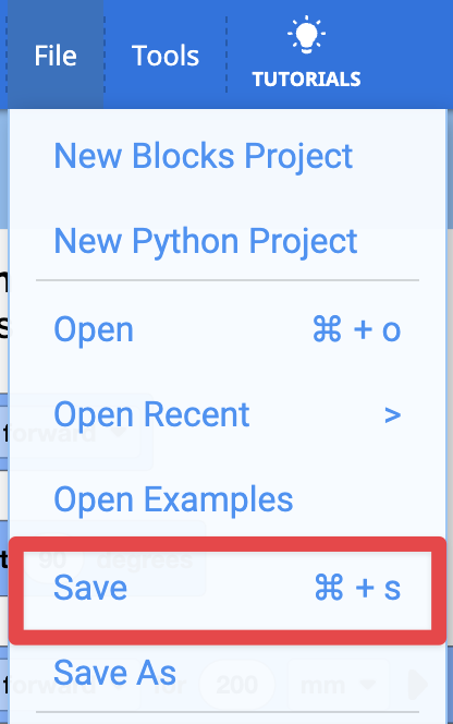 VEXcode AIM のファイル メニューが開き、Open Examples の下の赤いボックスで強調表示された [保存] オプションが表示されます。