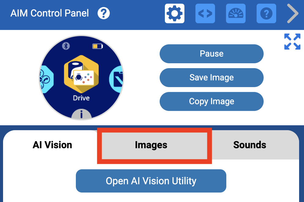 VEXcode AIM의 제어판에서 AI Vision과 Sounds 사이의 빨간색 상자에 Images라는 단어가 강조 표시되어 있어 이미지를 업로드할 때 무엇을 선택해야 하는지 나타냅니다.