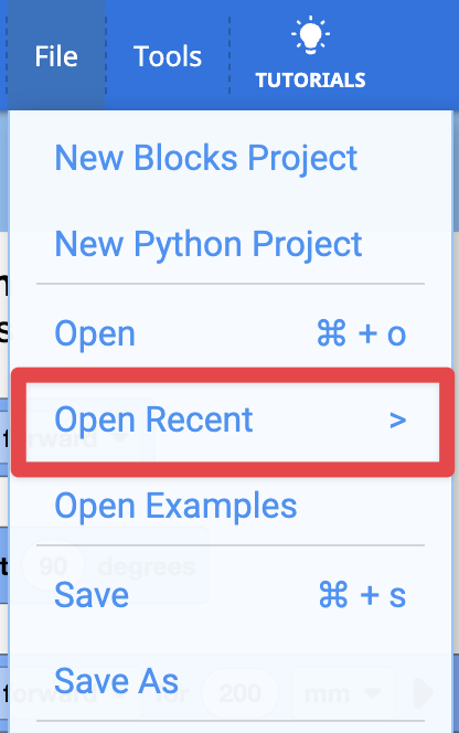 Le menu Fichier de VEXcode AIM s'ouvre avec l'option Ouvrir récent mise en évidence dans un cadre rouge, sous Ouvrir.