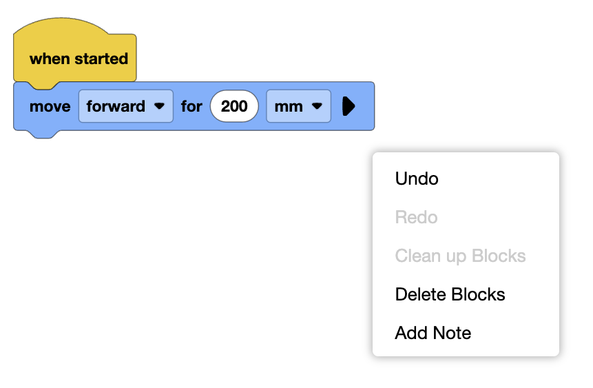 Menu de contexto do espaço de trabalho do VEXcode AIM com a opção Adicionar nota destacada. Adicionar nota é a quinta opção no menu, abaixo de Desfazer, Refazer, Limpar blocos e Apagar blocos.