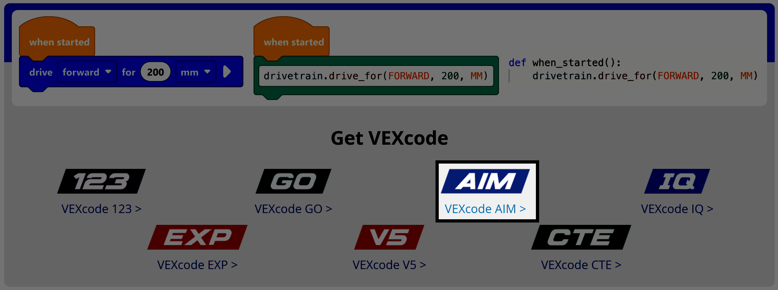 Get VEXcode 섹션이 있는 code.vex.com의 스크린샷입니다. 그리고 VEXcode AIM 주위에 빨간색 상자가 있습니다.