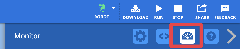 VEXcode AIM-এ মনিটর কনসোলের বিকল্পটি উপস্থাপন করে মনিটর আইকন।