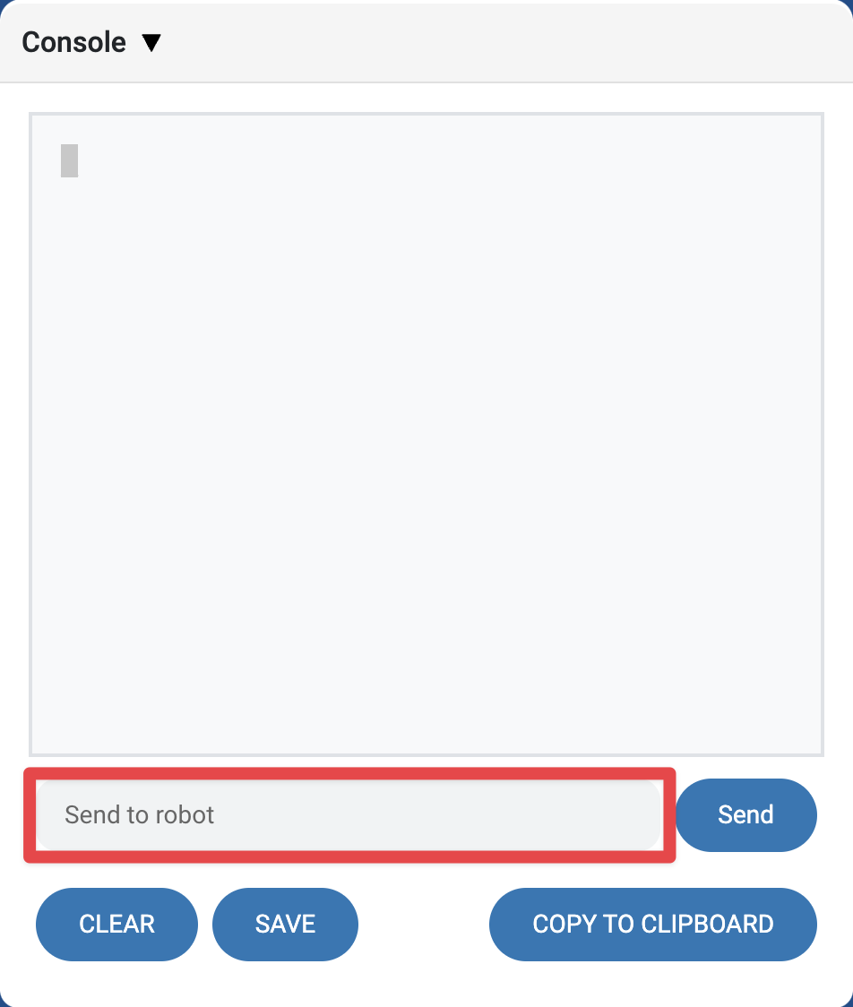 Konzola VEXcode AIM se zvýrazněným textovým polem ve spodní části s nápisem Odeslat robotovi.
