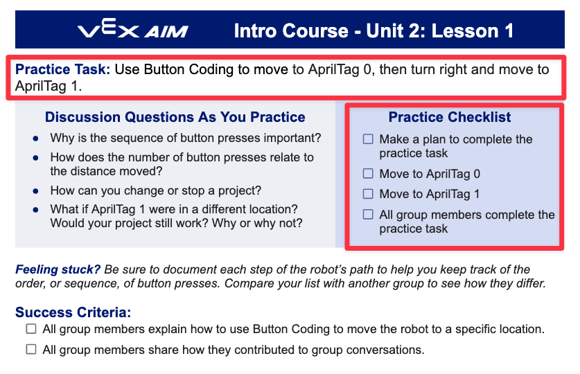 Capture d'écran d'une fiche de tâche de l'unité 2 avec les sections « Tâche pratique » et « Liste de vérification des exercices » mises en évidence, indiquant les zones de la fiche de tâche permettant de suivre les progrès des élèves.