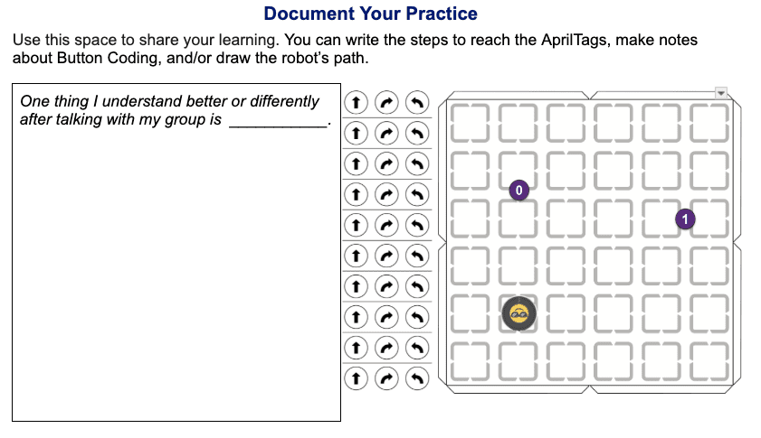 ユニット 2 のタスク カードの下半分のスクリーンショット。「Document Your Practice (実践を記録する)」というラベルが付いた生徒の記録用の領域が表示されています。 左側にはテキスト ボックスがあり、右側にはフィールド設定スケッチがあります。