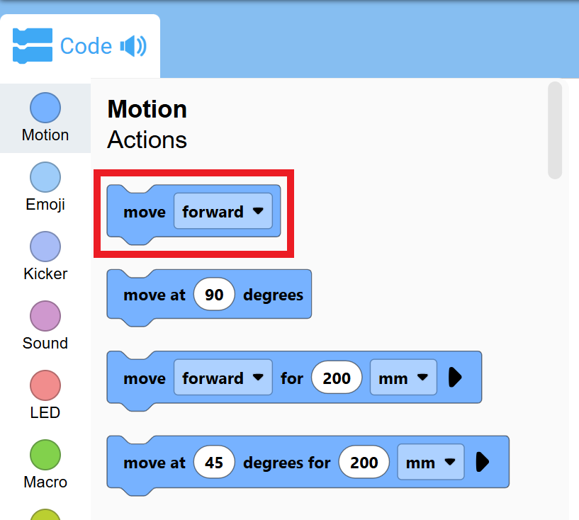 VEXcode Blocks ওয়ার্কস্পেসে মোশন ড্রয়ারটি লাল রঙে হাইলাইট করা হয়েছে, যেখানে "মৌচ করুন" লেবেলযুক্ত একটি ব্লক দেখানো হয়েছে।