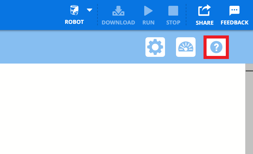 Una barra degli strumenti blu con l'icona della Guida, un cerchio bianco con un punto interrogativo, evidenziato in rosso nell'angolo in alto a destra dell'interfaccia VEXcode.