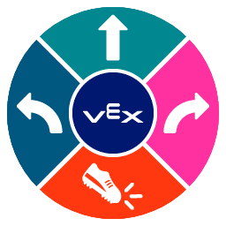 L'interface circulaire avec les cinq segments colorés est affichée sans aucun surlignage ni contour. Le centre contient le logo VEX standard.