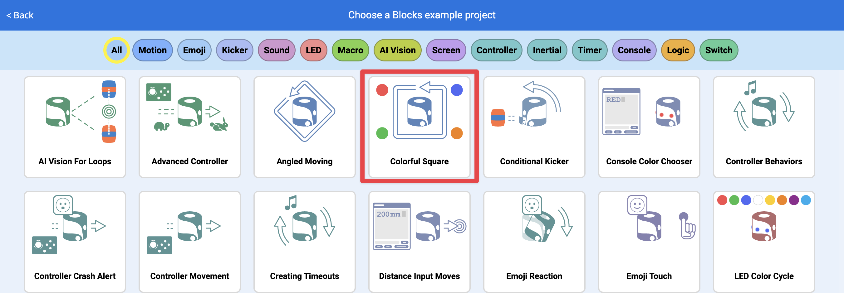 Example Project page with the Colorful Square example project highlighted.