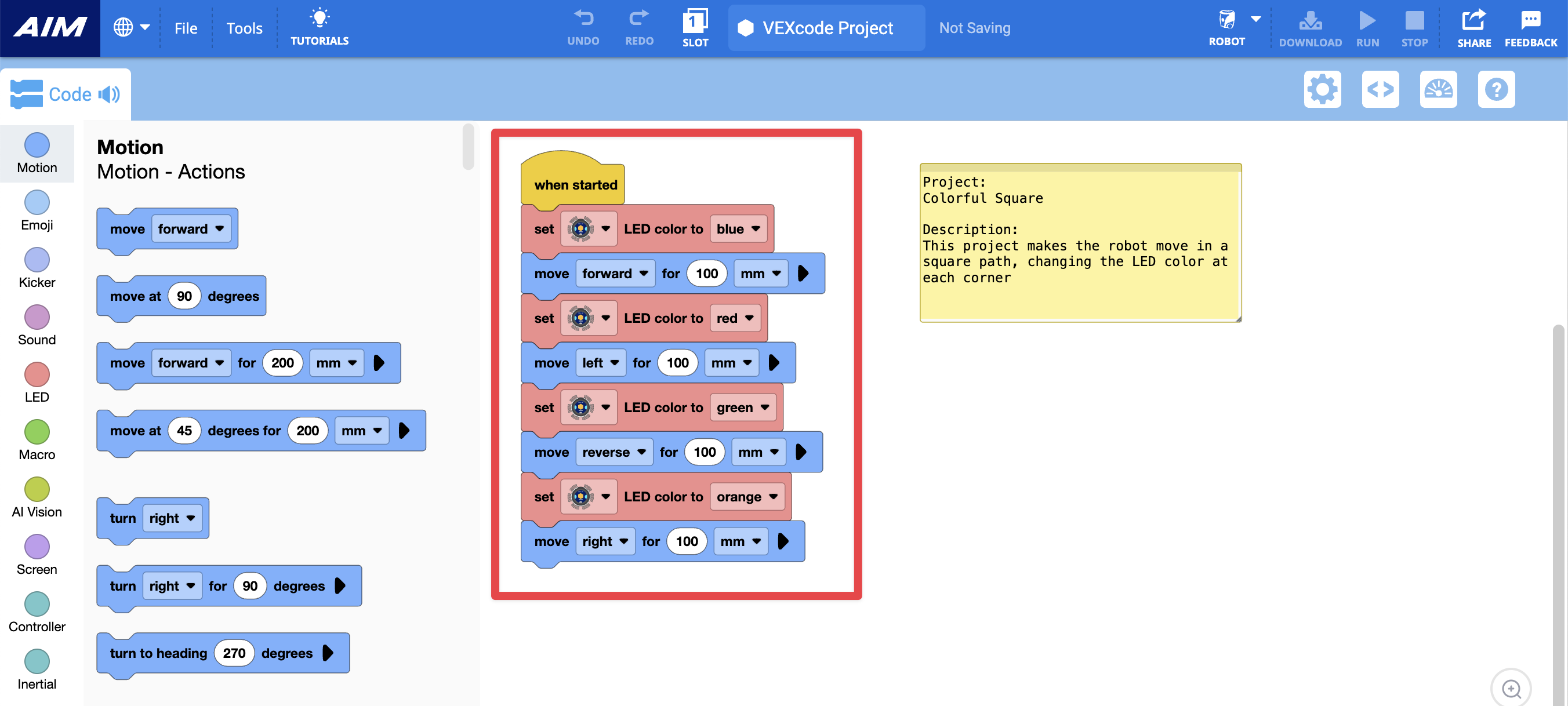 The Colorful Square example project blocks open in the Workspace.