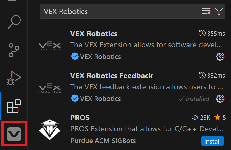 The Visual Studio Code interface showing search results for VEX Robotics in the Extensions Marketplace. The VEX Robotics and VEX Robotics Feedback extensions appear, with the Feedback extension marked as installed. The sidebar on the left has the VEX Extension icon highlighted in red.