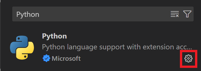 The Visual Studio Code Extensions Marketplace with Python entered in the search bar. The official Python extension by Microsoft is displayed, and the gear icon for managing the extension is highlighted in red on the right.