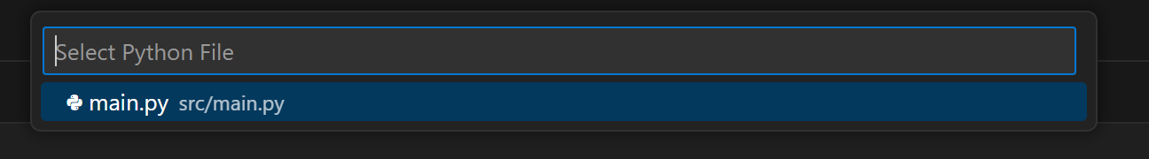 The same screenshot of the Quick Pick list, now showing main.py project as an option in the dropdown.