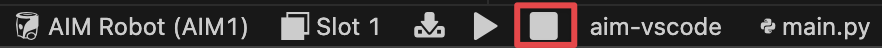 The same VS Code Toolbar image as before, now highlighting the stop icon in the center, to the right of the play icon.
