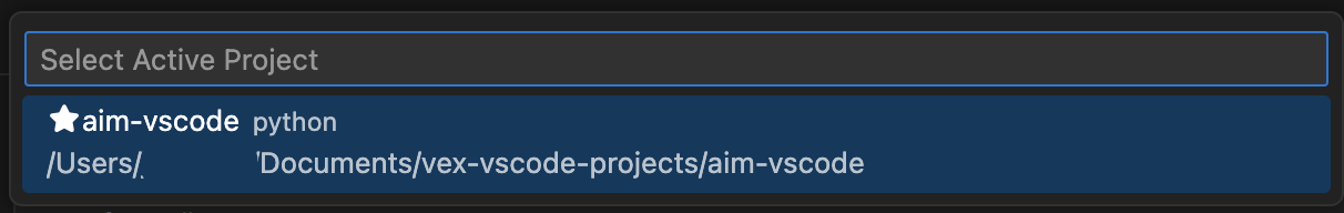 The same screenshot of the Quick pick list now showing an aim-vscode python project option in the dropdown.