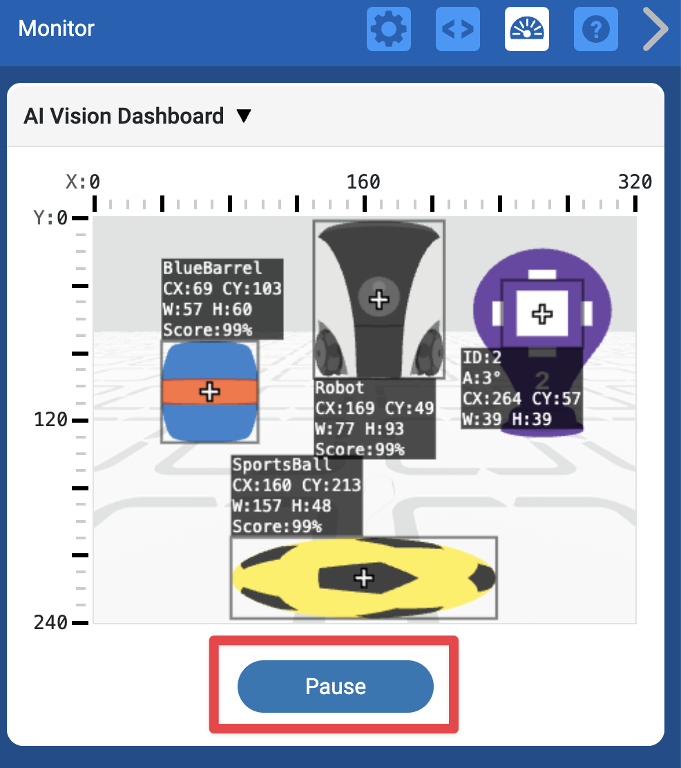 AI Vision Dashboard with the pause button at the bottom of the window called out.